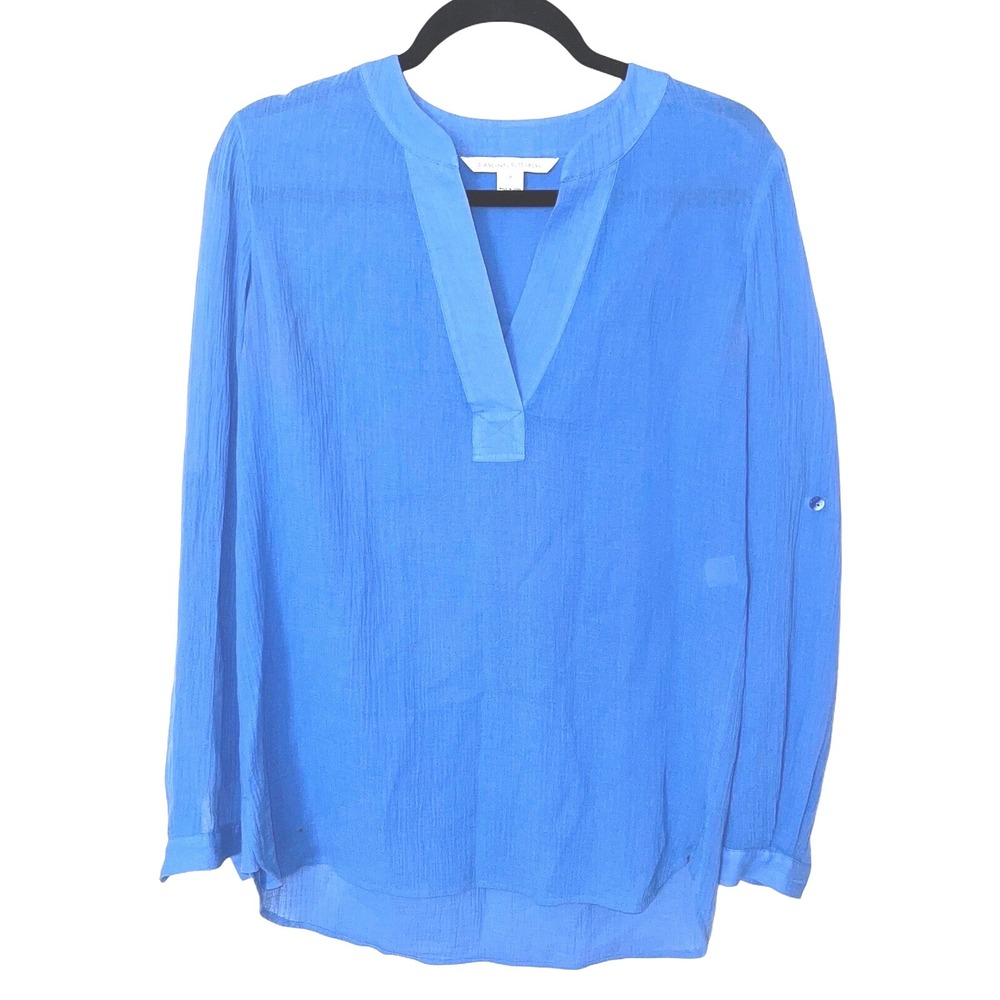 Diane‎ Von Furstenberg Cotton Crepe Roll Tab Sleeve Blouse Blue Size 0 EUC
